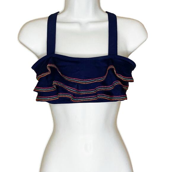 Land's End Girls Ruffle Flounce Bikini Top Navy Embroidered Cross Back Size 16 - Picture 16 of 16